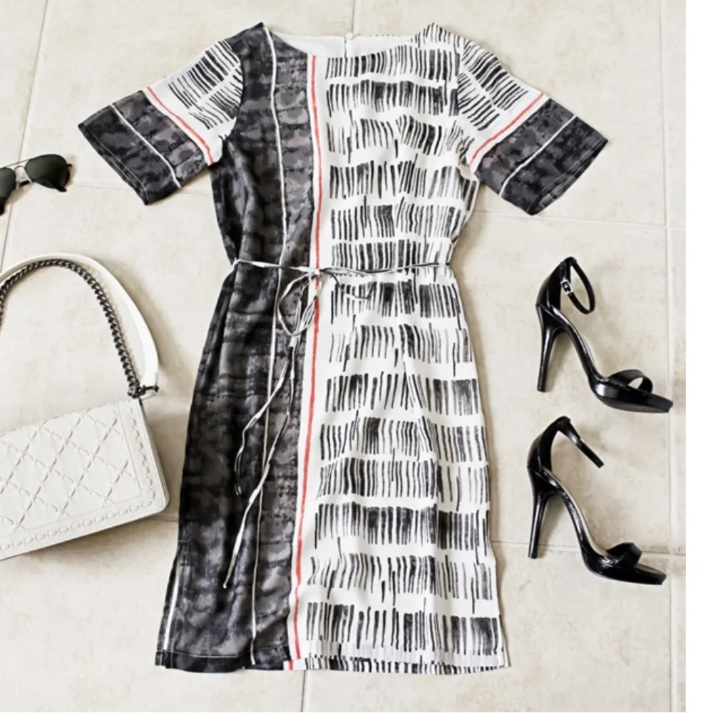 LOFT Size 6 Geometric Gray and White Midi Sheath